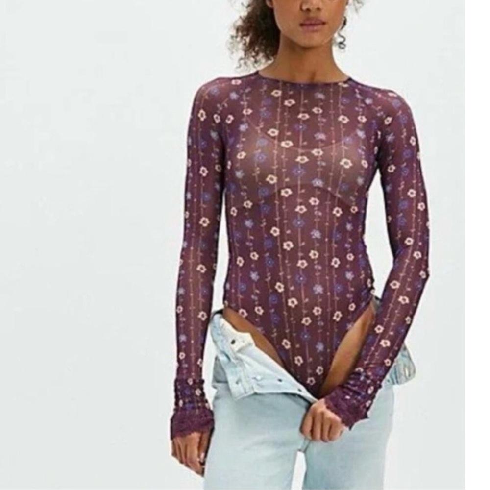 Free People Bodysuit Up All Night Mesh Floral Bodysuit Berry Bandit Small